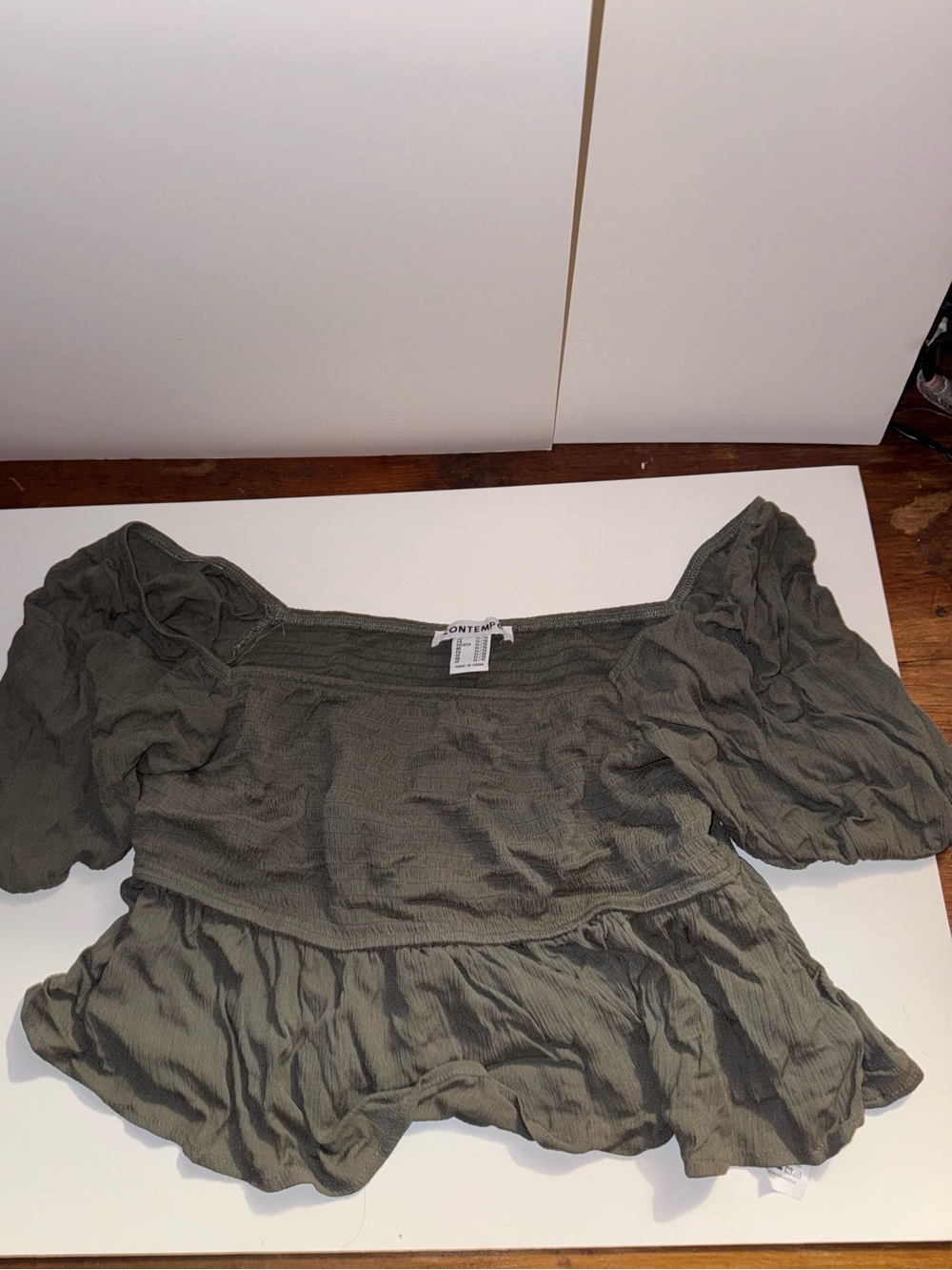 Smocked Olive Puff-Sleeve Peplum Tunic